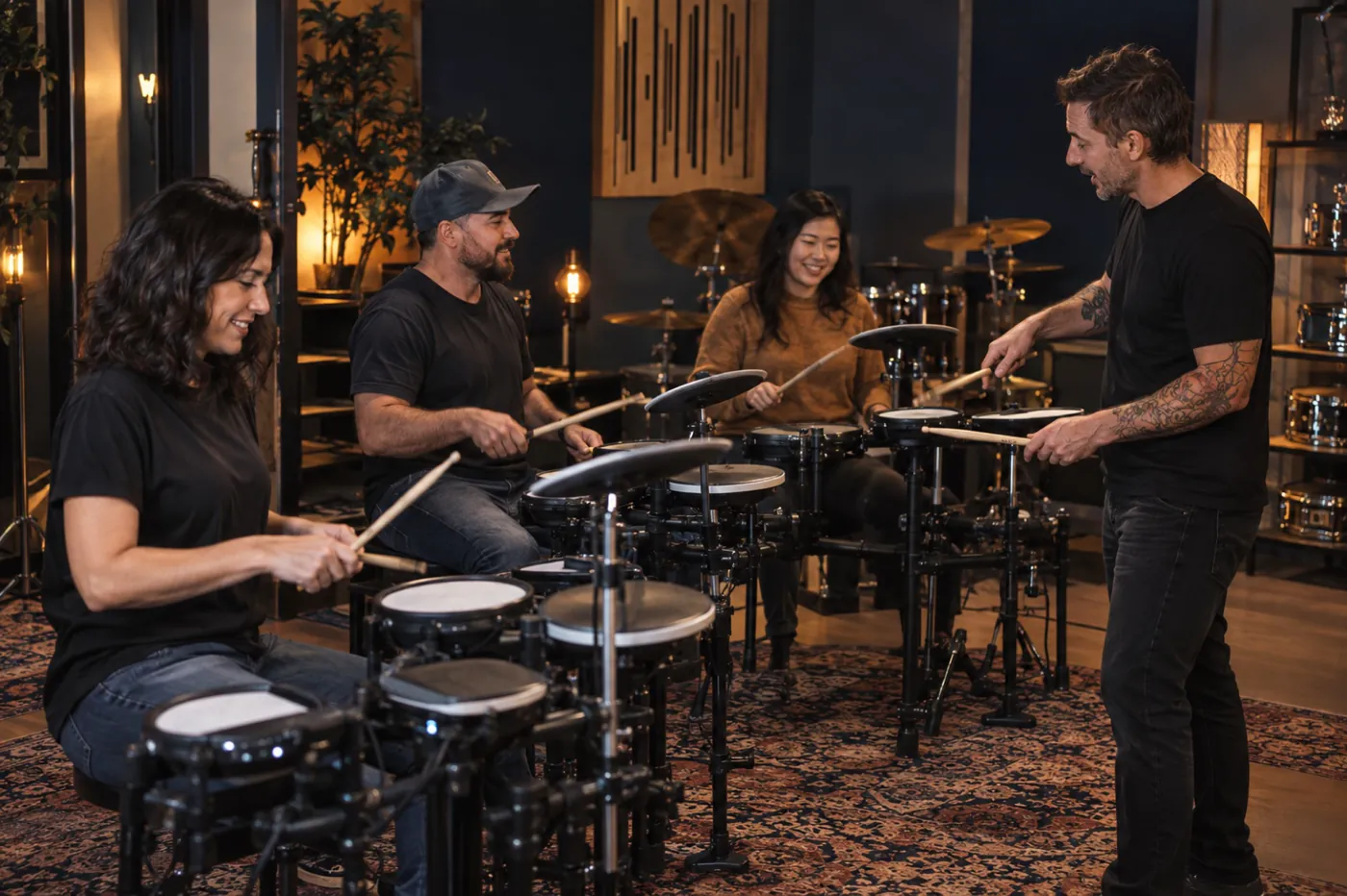 Adults learning drums together in a small group class